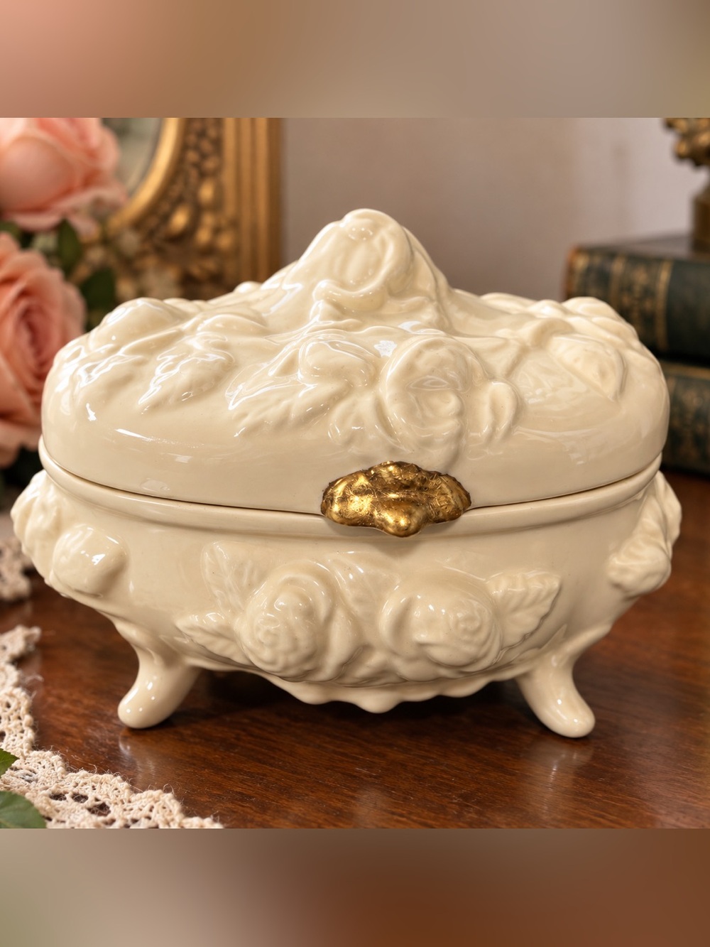 Vintage Millie DeZiel Signed Ceramic Covered Dish – Raised Roses & Gold Accent